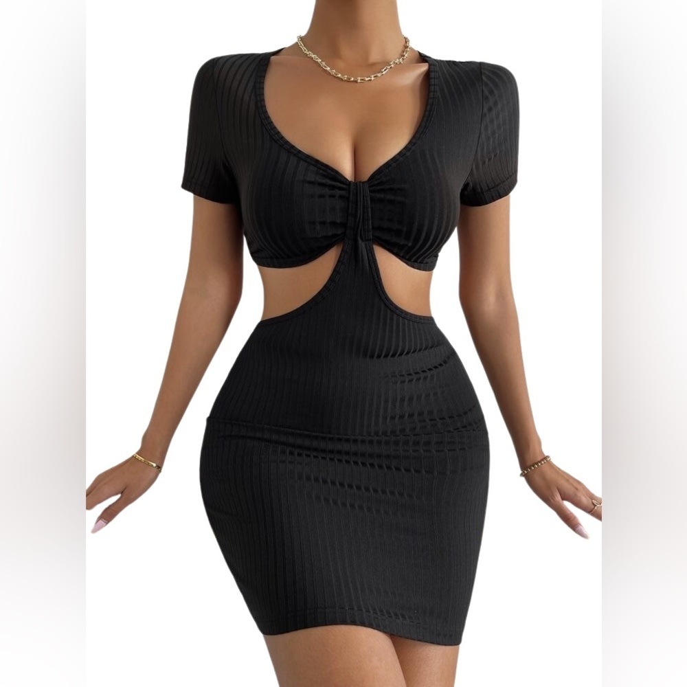 SHEIN Black Plunging Neck Cut Out Bodycon Dress Size Large